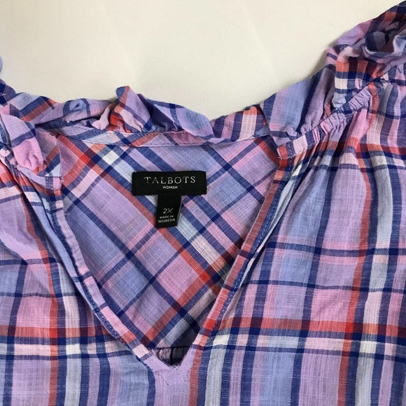 Talbots Women's 2X Shirt Purple Plaid Long Sleeve Ruffle Notch Neck Cotton CV4 - Picture 3 of 5